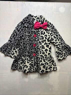 Mack & Co Girls' Fleece Leopard Print Ruffle Coat with Pink Bow size 2T NWOT